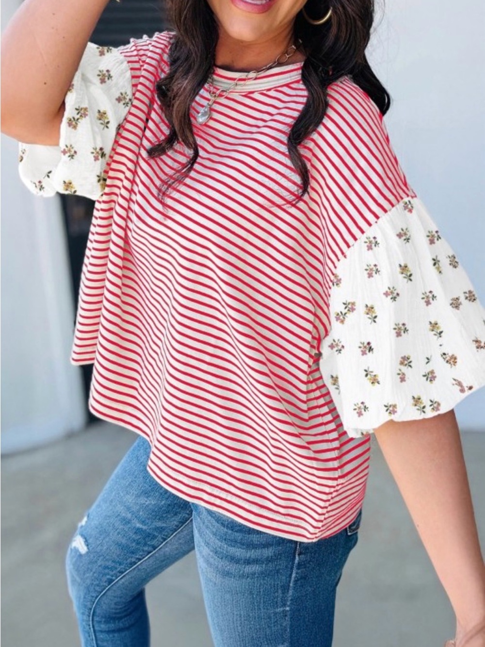 Red Stripe Puff Sleeve Top with Floral Detail - Picture 2 of 2